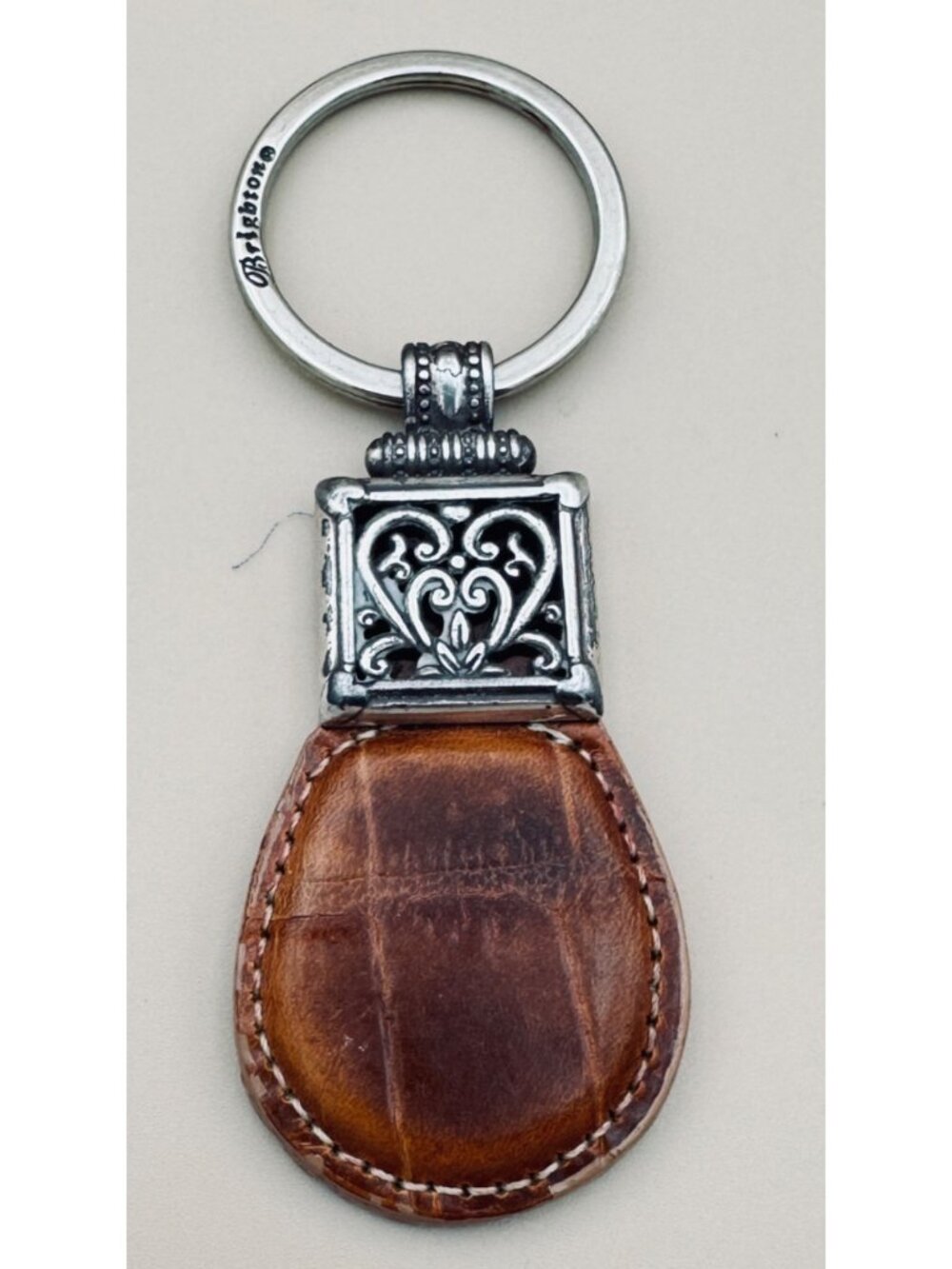 Vintage Brighton Brown Leather Keychain Fob Heart Silver 4.25"